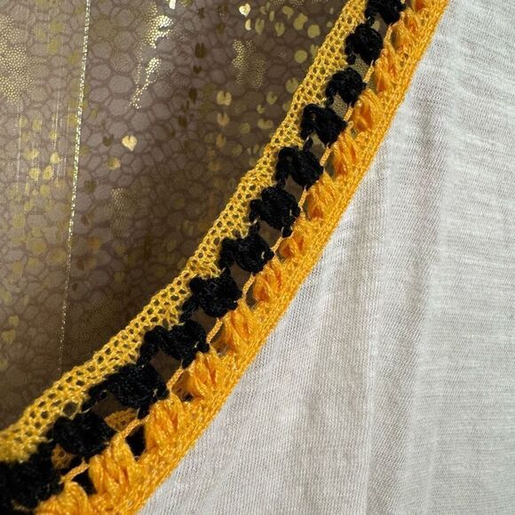 Free People Black Yellow Ivory Bora Bora Racerback Crochet Linen Blend Trim Tank - Picture 5 of 11